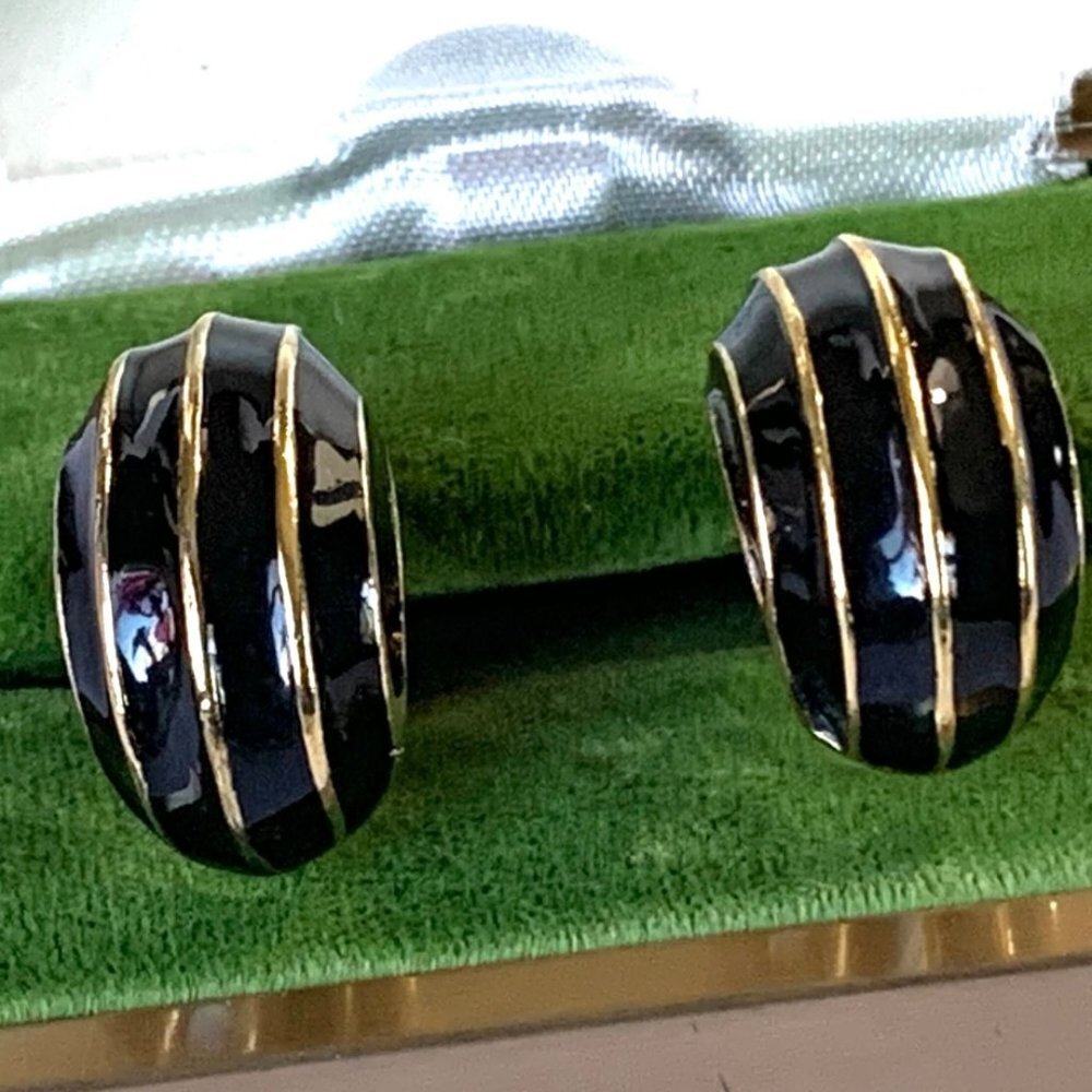 Napier Designer Vintage 1" Stud back Shiny Black Enamel Gold Filled Earrings